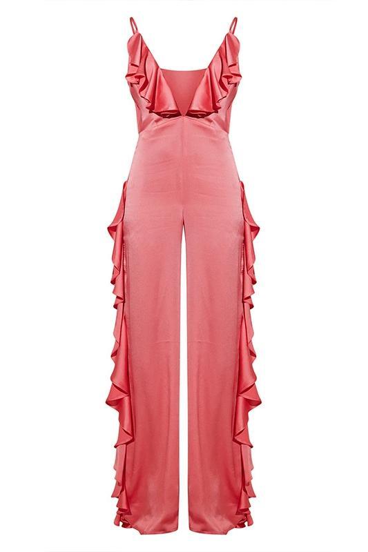 Satin Ruffle Jumpsuit | Multicolor | Evening Glamour | Satin - ZyraLux Kleding en accessoires