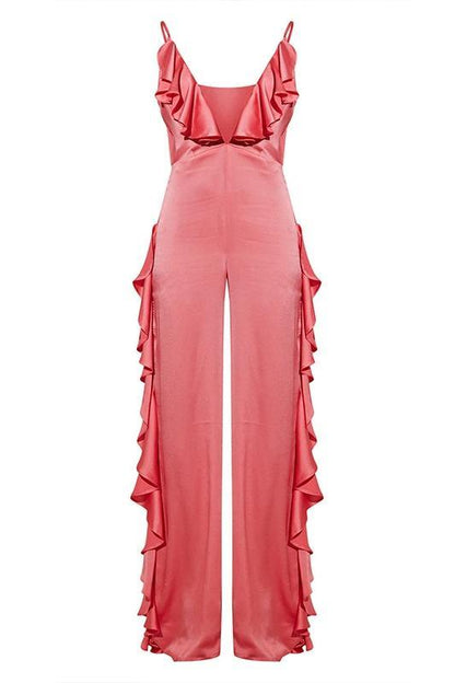 Satin Ruffle Jumpsuit | Multicolor | Evening Glamour | Satin - ZyraLux Kleding en accessoires