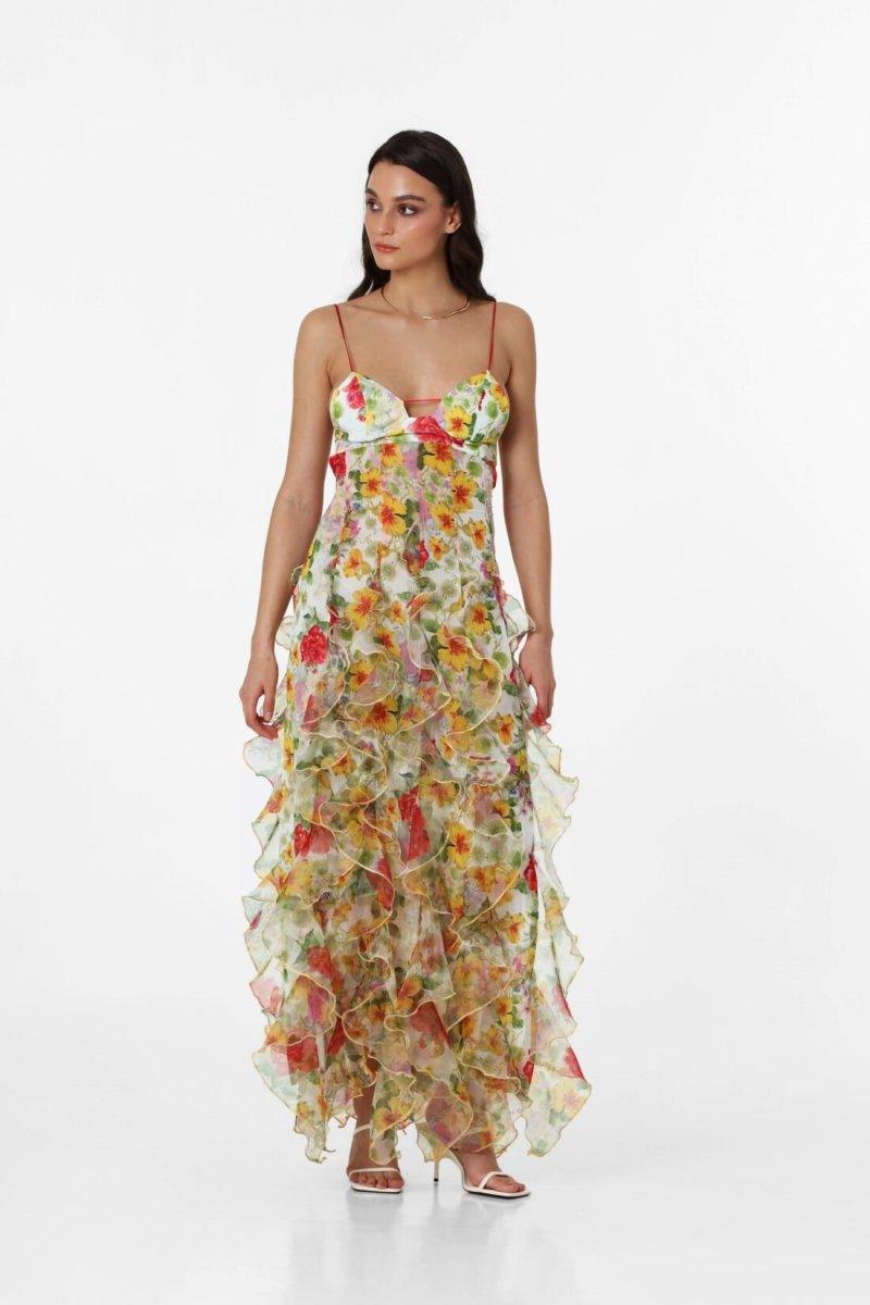 Alexia Ruffle Sheer Maxi Dress | Multicolor | Formal | Chiffon - ZyraLux Kleding en accessoires