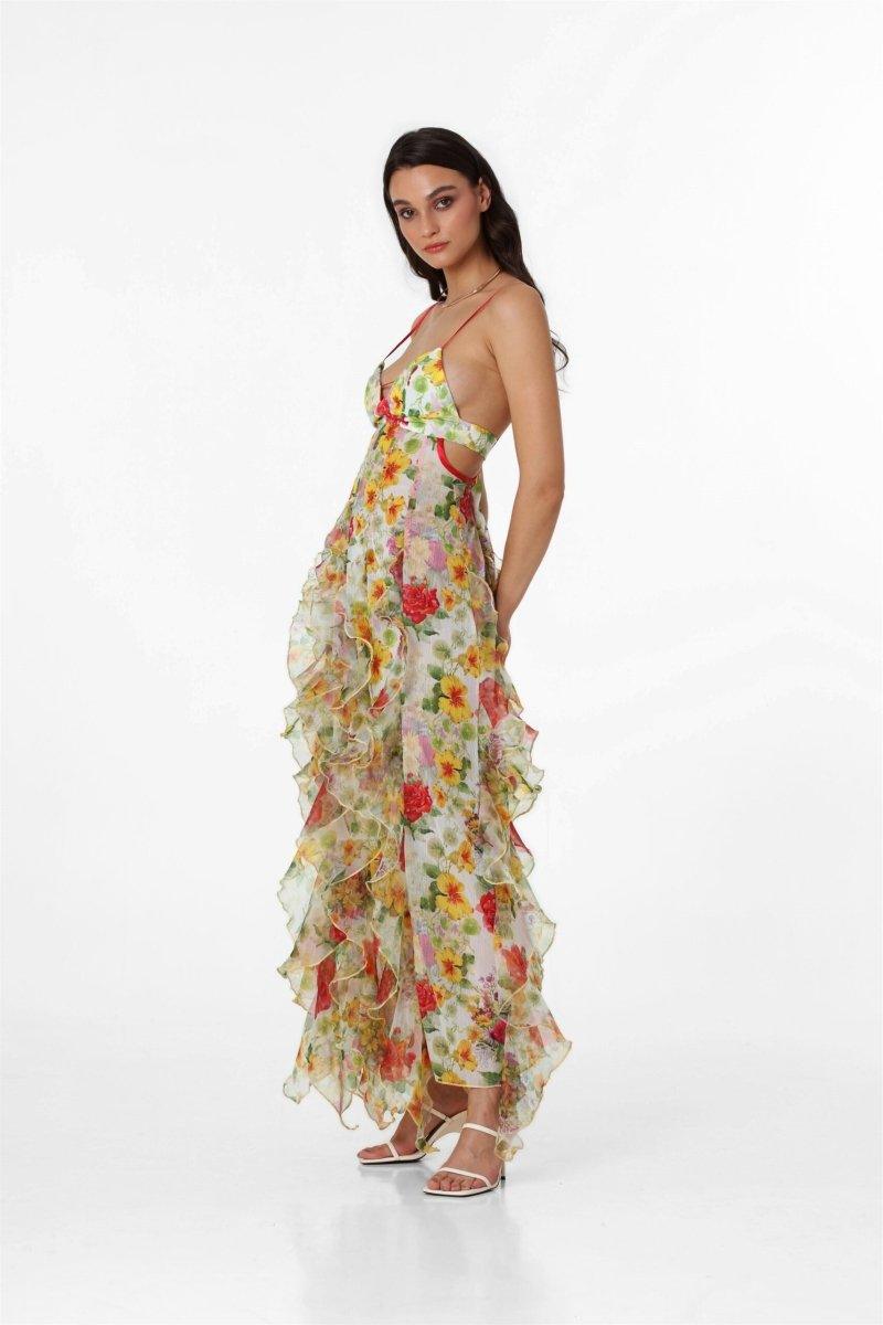 Alexia Ruffle Sheer Maxi Dress | Multicolor | Formal | Chiffon - ZyraLux Kleding en accessoires