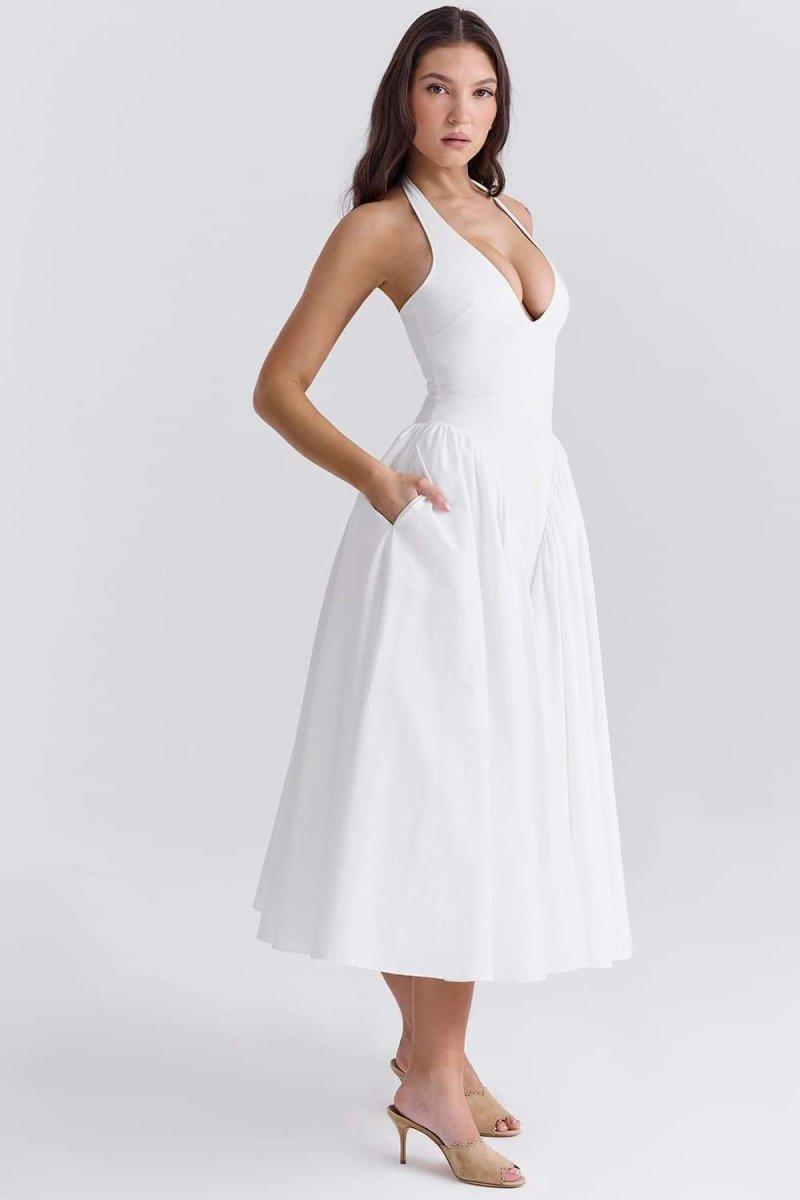 Elegance White Midi Dress | White | Formal | Cotton - ZyraLux Kleding en accessoires