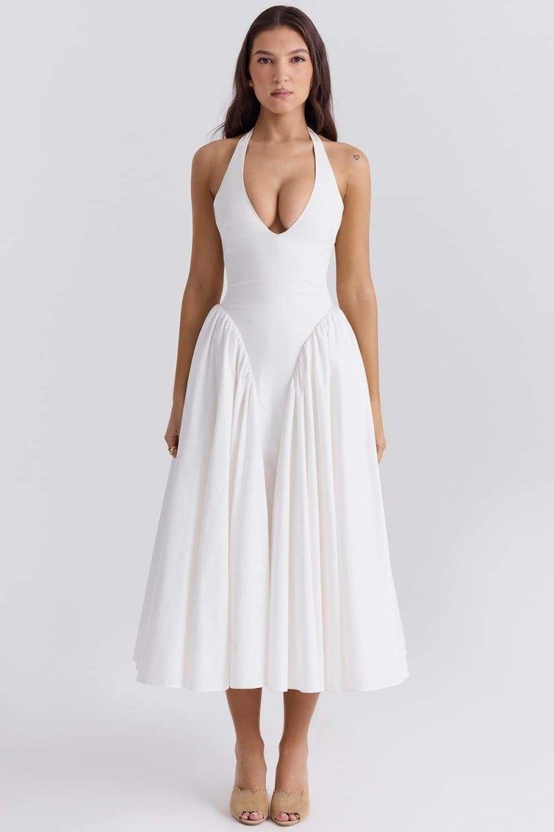 Elegance White Midi Dress | White | Formal | Cotton - ZyraLux Kleding en accessoires