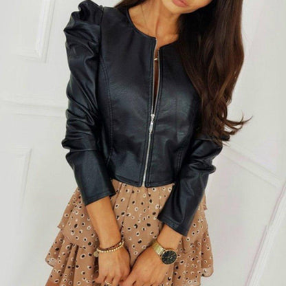 Mathilda - stylish puff sleeve short lapel leather jacket - ZyraLux