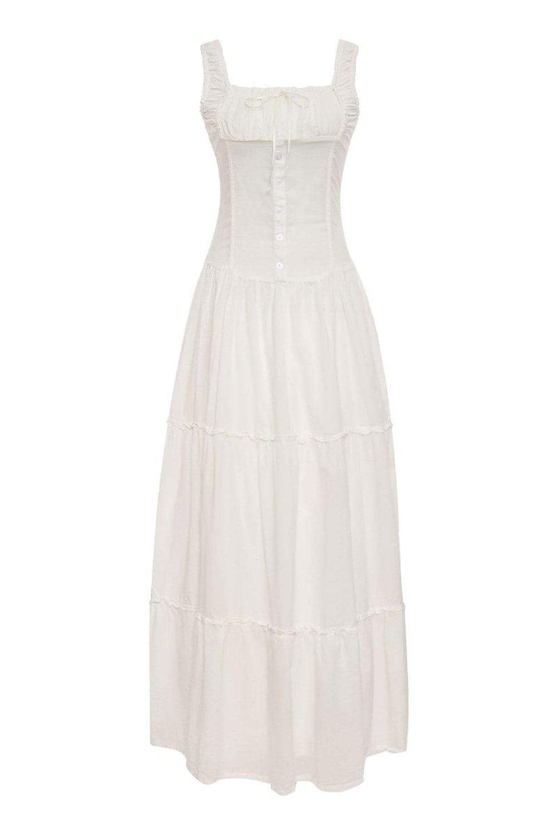 Anastasia Ruffle Semi-Sheer Maxi Dress | White | Beach | Cotton Blend - ZyraLux Kleding en accessoires