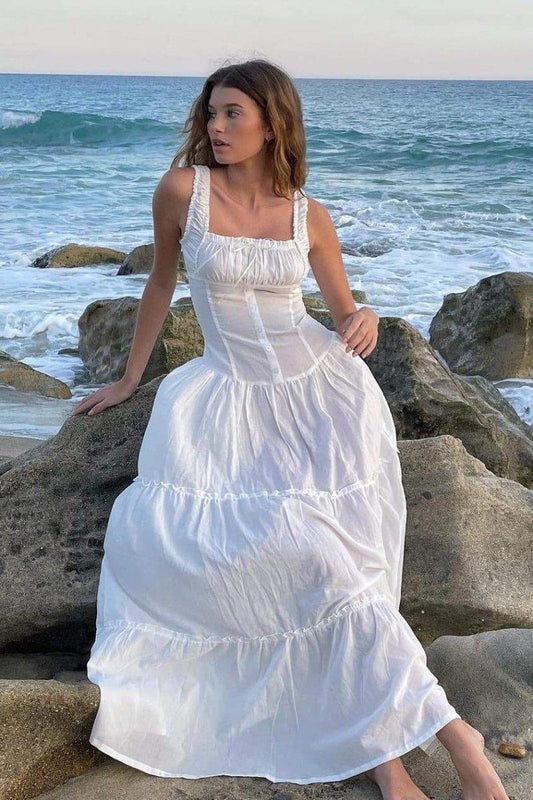 Anastasia Ruffle Semi-Sheer Maxi Dress | White | Beach | Cotton Blend - ZyraLux Kleding en accessoires