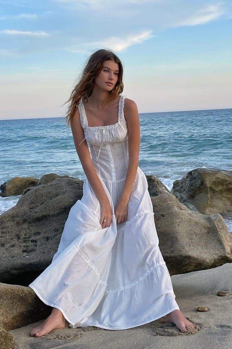 Anastasia Ruffle Semi-Sheer Maxi Dress | White | Beach | Cotton Blend - ZyraLux Kleding en accessoires