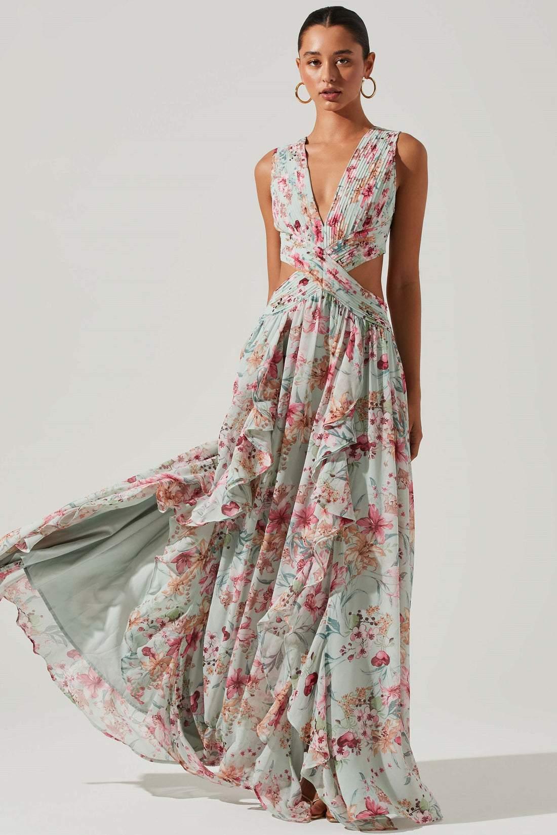 Anila Printed Pleated Ruffle Maxi Dress | Color Mix | Formal | Chiffon - ZyraLux Kleding en accessoires