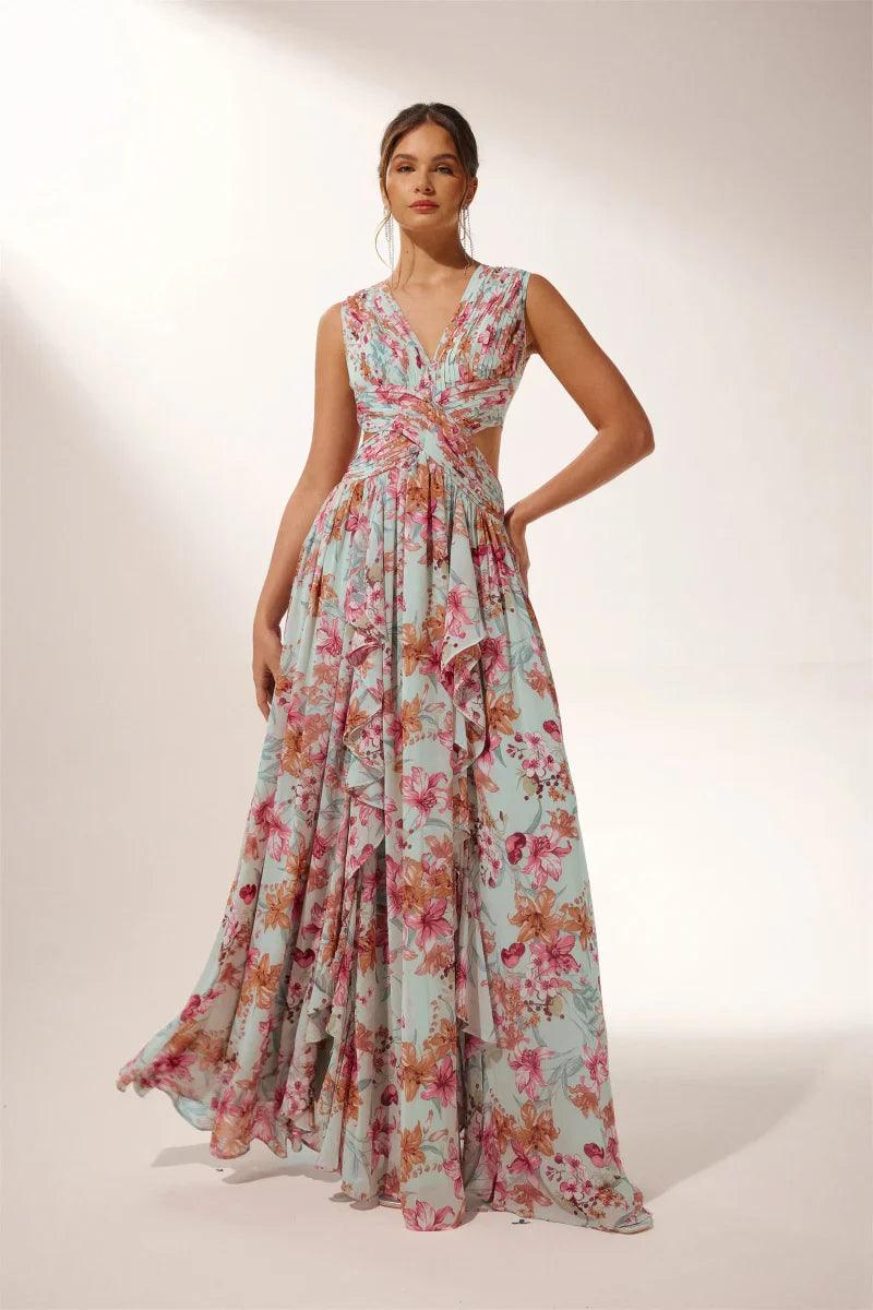 Anila Printed Pleated Ruffle Maxi Dress | Color Mix | Formal | Chiffon - ZyraLux Kleding en accessoires