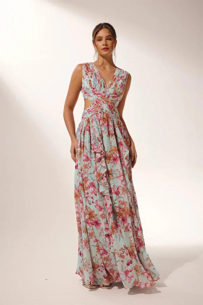 Anila Printed Pleated Ruffle Maxi Dress | Color Mix | Formal | Chiffon - ZyraLux Kleding en accessoires