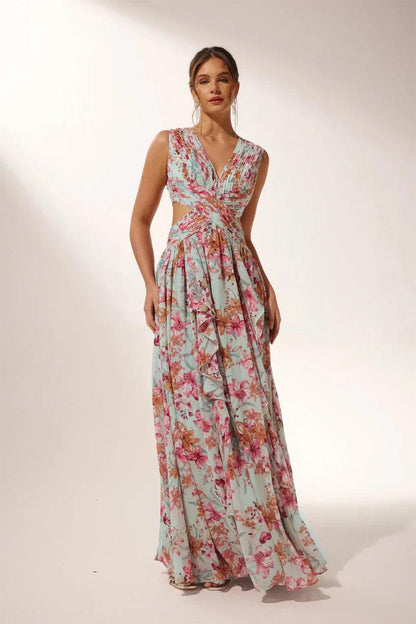 Anila Printed Pleated Ruffle Maxi Dress | Color Mix | Formal | Chiffon - ZyraLux Kleding en accessoires