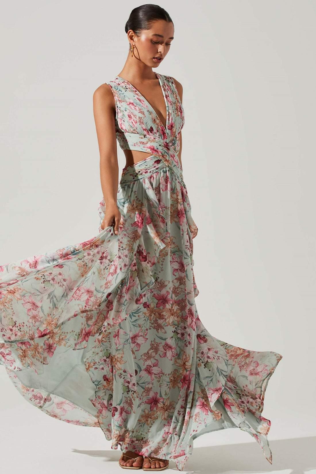 Anila Printed Pleated Ruffle Maxi Dress | Color Mix | Formal | Chiffon - ZyraLux Kleding en accessoires