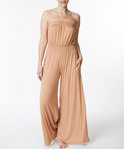 Bamboo Camel Strapless Knit Jumpsuit w/Pockets - ZyraLux