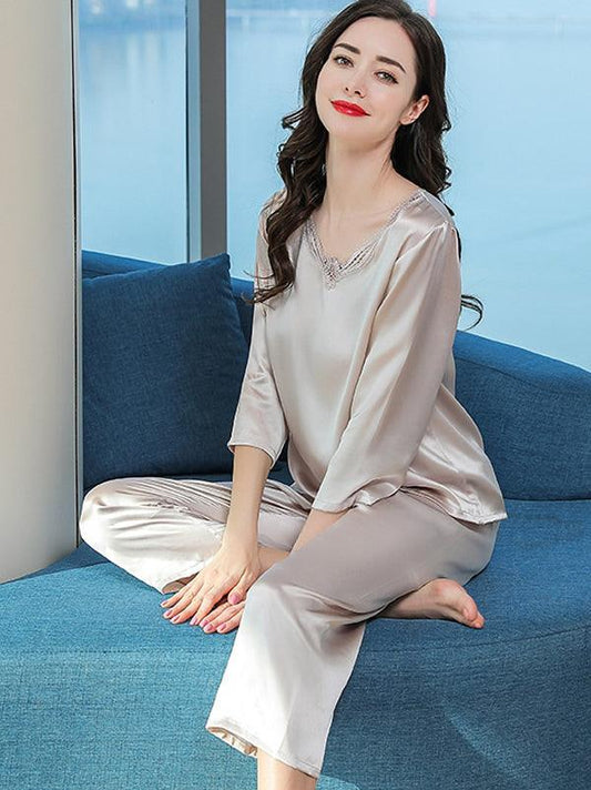 LAURE - Pure Silk Pajama Set with Elegant Lace - ZyraLux Pyjama