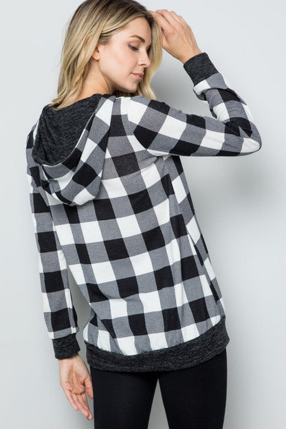 Celeste Full-Size Stijlvolle Contrasterende Plaid Lange Mouw Hoodie