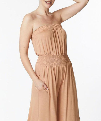 Bamboo Camel Strapless Knit Jumpsuit w/Pockets - ZyraLux