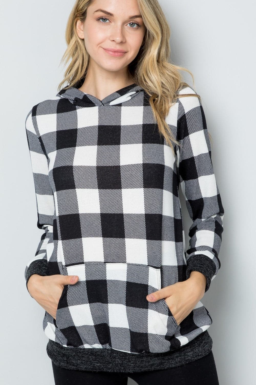 Celeste Full-Size Stijlvolle Contrasterende Plaid Lange Mouw Hoodie