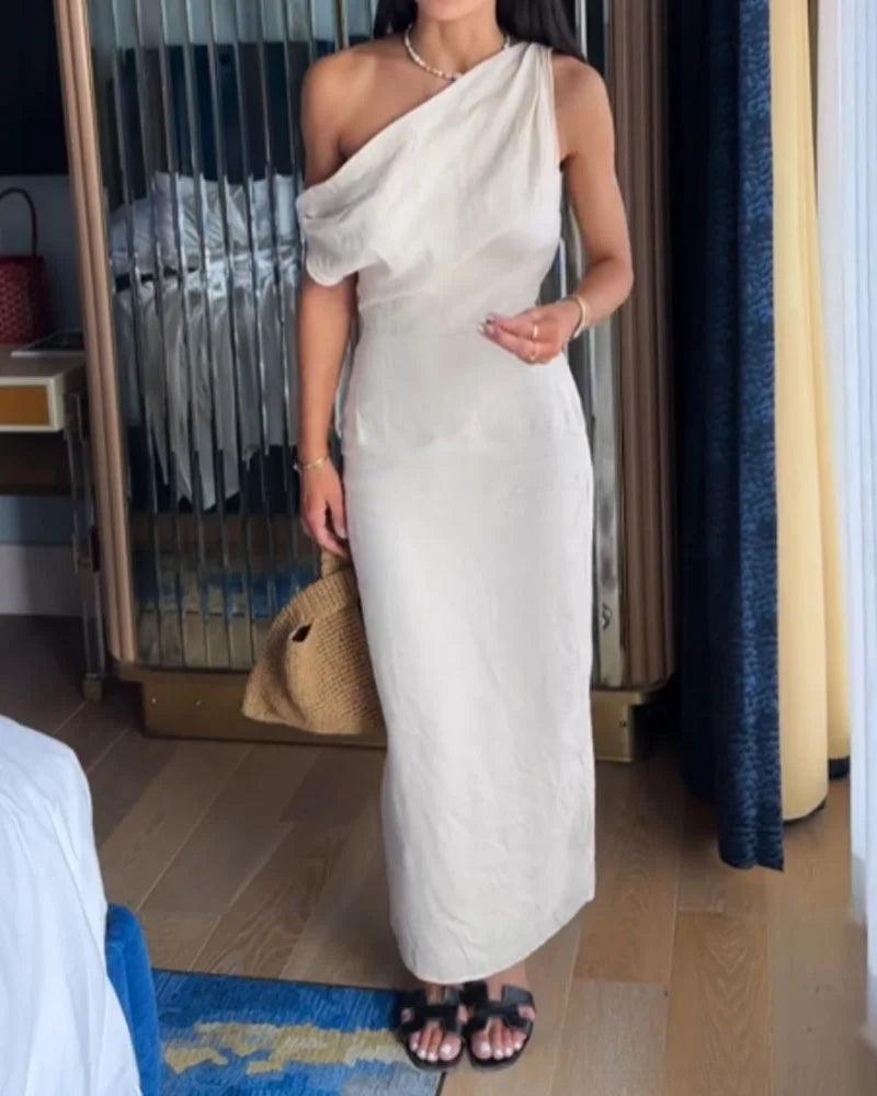 Grecian Elegance One-Shoulder Dress | Multicolor | Formal | Linen Blend - ZyraLux Kleding en accessoires