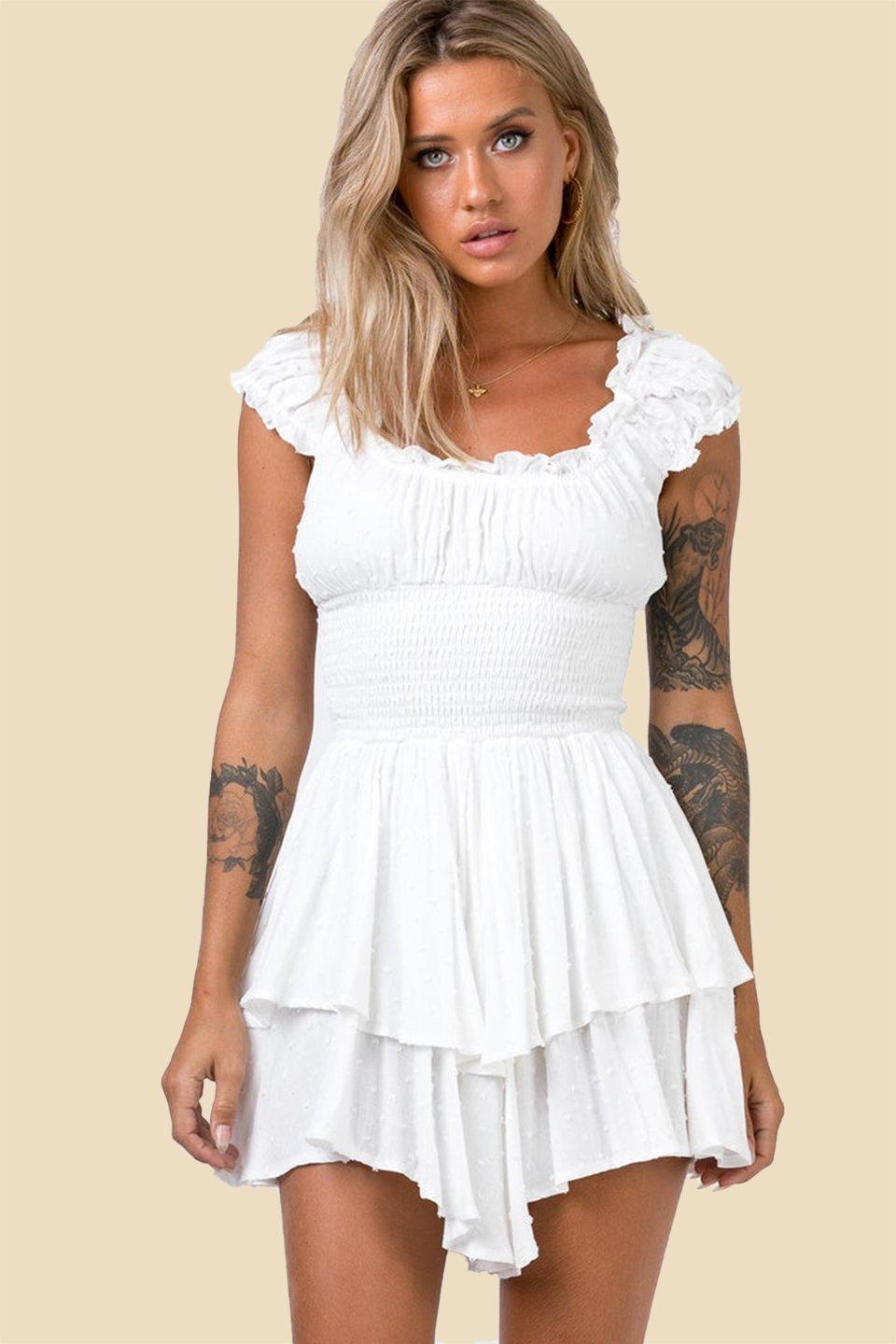 Belau Shirred Bodice Ruffle Flared Mini Dress | White | Casual | Cotton Blend - ZyraLux Kleding en accessoires