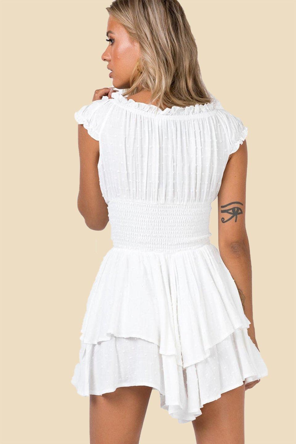 Belau Shirred Bodice Ruffle Flared Mini Dress | White | Casual | Cotton Blend - ZyraLux Kleding en accessoires