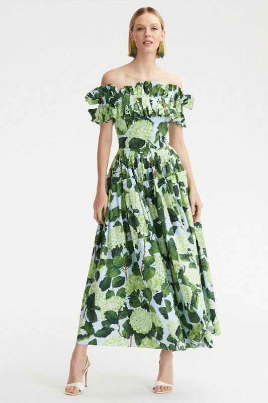 Bess Printed Ruffle Off-Shoulder Tiered Maxi Dress | Green | Garden Party | Cotton - ZyraLux Kleding en accessoires