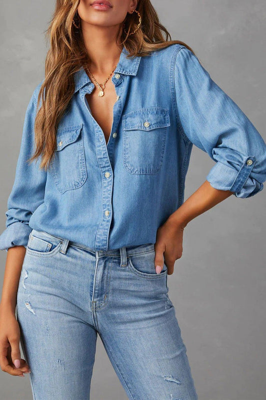 Martine - long sleeve button-up denim blouse - ZyraLux