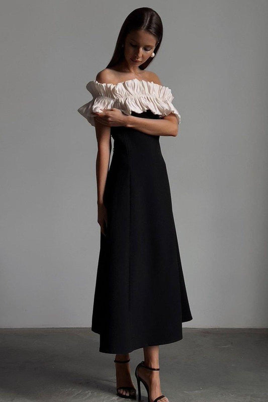 Off-Shoulder Ruffle Maxi Dress | Black | Evening | Polyester - ZyraLux Kleding en accessoires