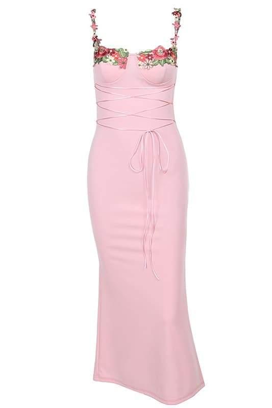 Embroidered Floral Lace-Up Midi Dress | Pink | Cocktail Party | Polyester - ZyraLux Kleding en accessoires