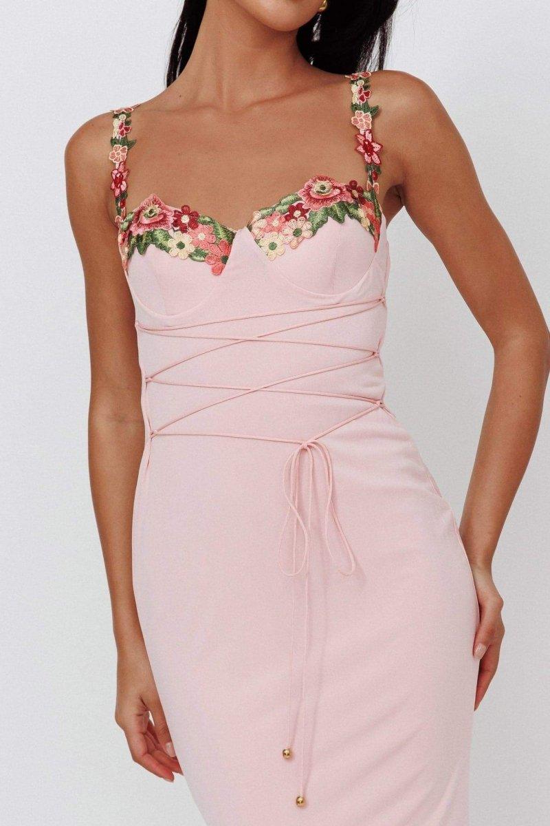 Embroidered Floral Lace-Up Midi Dress | Pink | Cocktail Party | Polyester - ZyraLux Kleding en accessoires