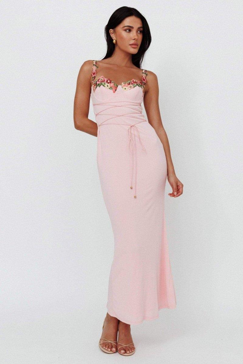 Embroidered Floral Lace-Up Midi Dress | Pink | Cocktail Party | Polyester - ZyraLux Kleding en accessoires