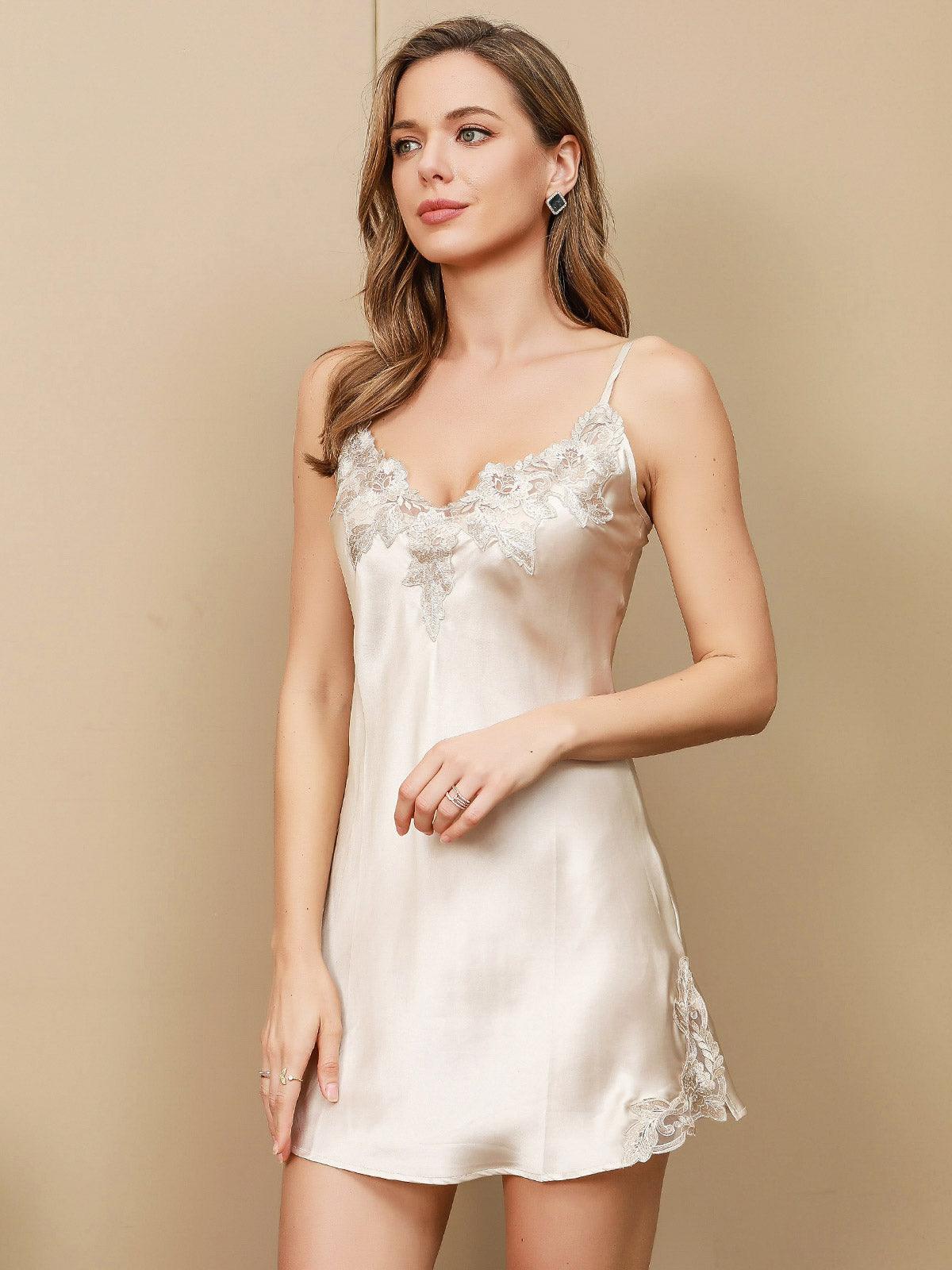 LUNA - Pure Silk Chemise with Lace and Slit - ZyraLux Nightgown