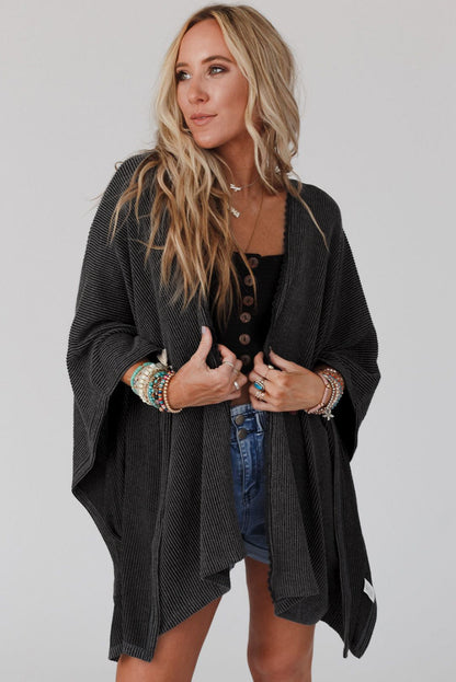 Zwarte geribbelde oversized kimono met kanten rand