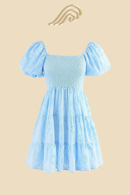 Carol Shirred Embroidered Mini Dress | Blue | Casual | Cotton - ZyraLux Kleding en accessoires