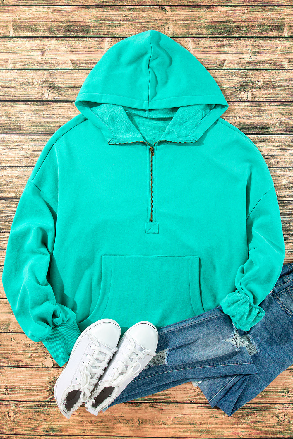 Gezellige Aruba Blue Fleece gevoerde Half Rits Hoodie met Handige Kangoeroezakken