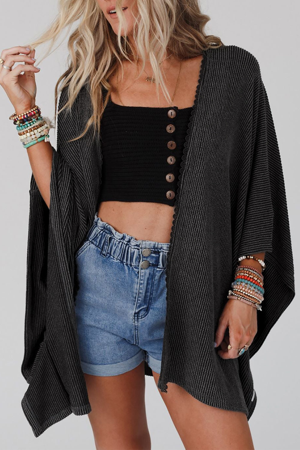 Zwarte geribbelde oversized kimono met kanten rand