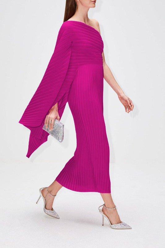 Chaya Plisse One Shoulder Midi Dress | Hot Pink | Cocktail | Polyester - ZyraLux Kleding en accessoires