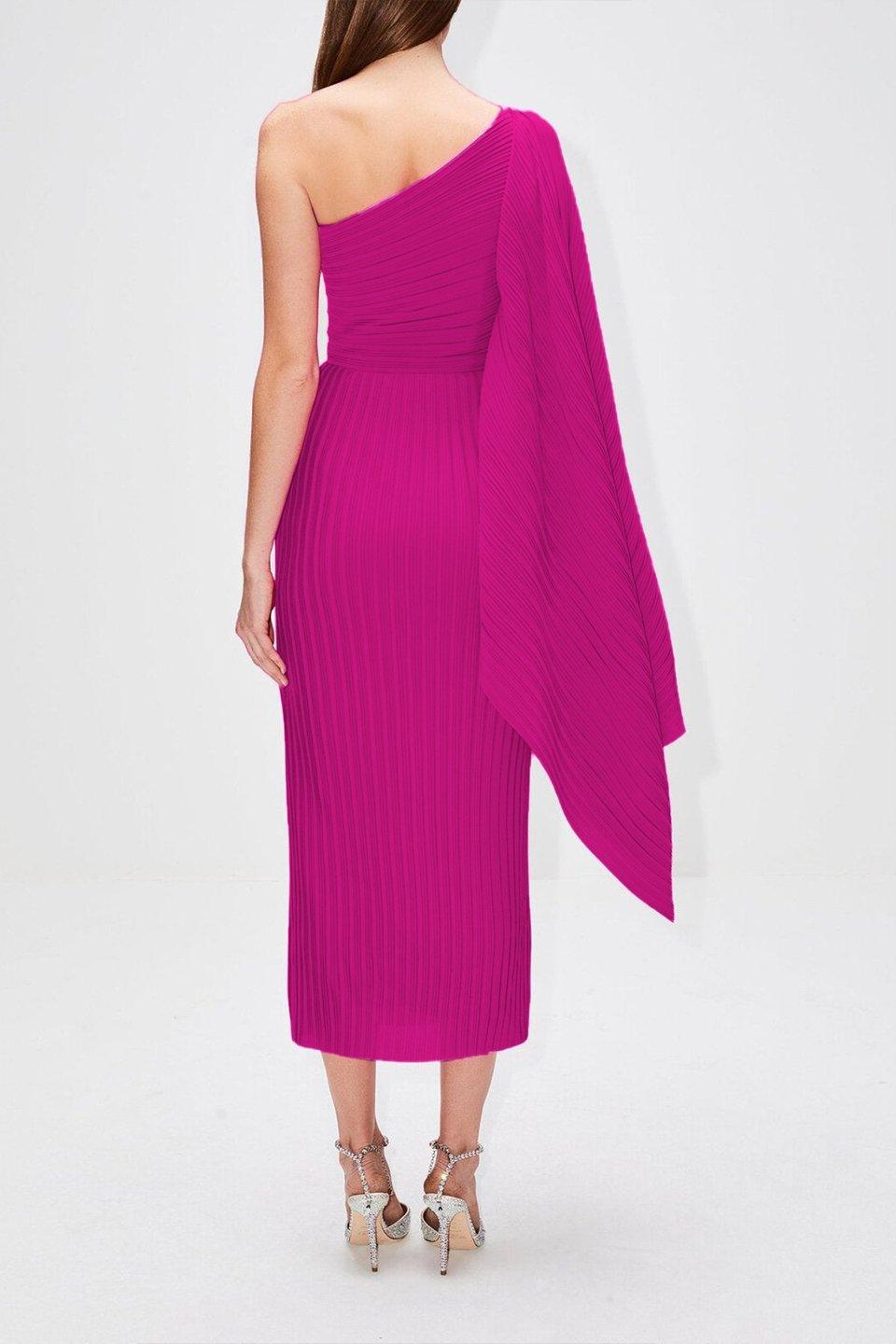 Chaya Plisse One Shoulder Midi Dress | Hot Pink | Cocktail | Polyester - ZyraLux Kleding en accessoires