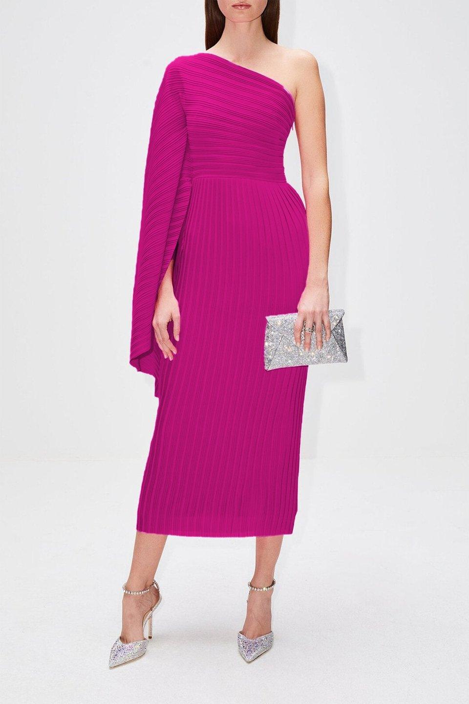 Chaya Plisse One Shoulder Midi Dress | Hot Pink | Cocktail | Polyester - ZyraLux Kleding en accessoires