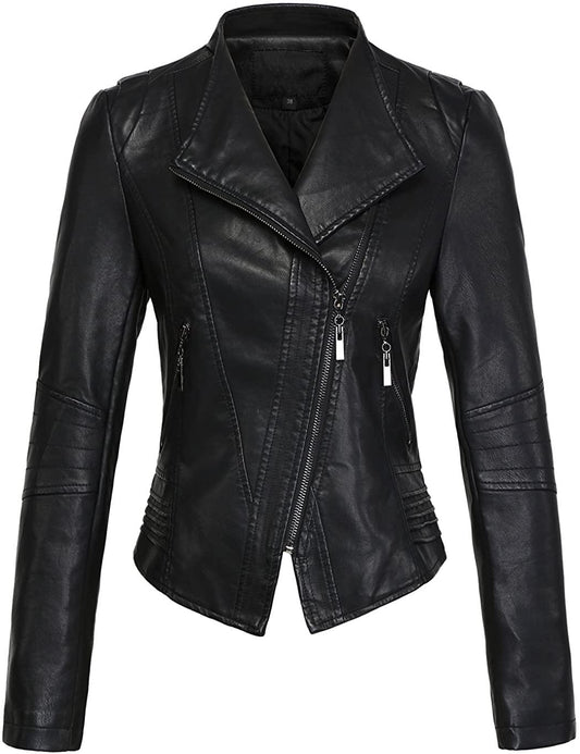 Black Long Sleeve Faux Leather Biker Jacket - ZyraLux Women's Jacket