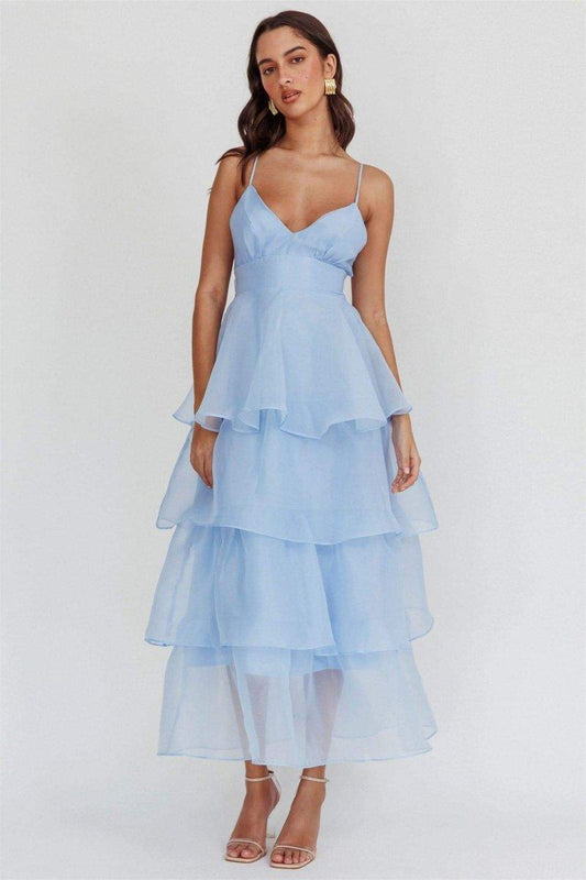 Christine Tiered Ruffle Midi Dress | Light Blue | Party | Organza - ZyraLux Kleding en accessoires