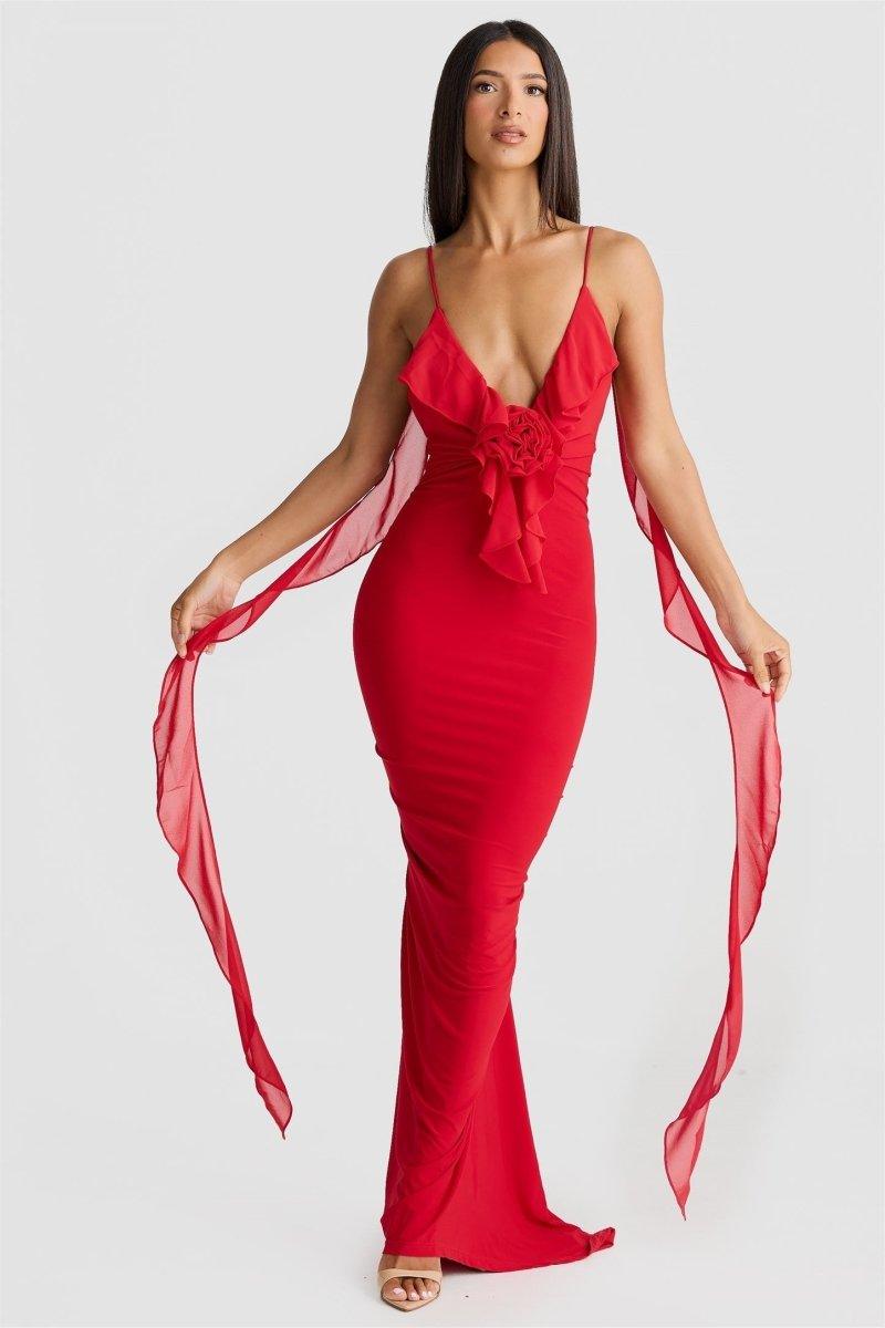 Ruffle Floral Appliqué Maxi Dress | Red | Evening Gala | Polyester - ZyraLux Kleding en accessoires