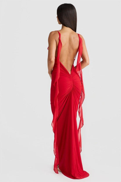 Ruffle Floral Appliqué Maxi Dress | Red | Evening Gala | Polyester - ZyraLux Kleding en accessoires