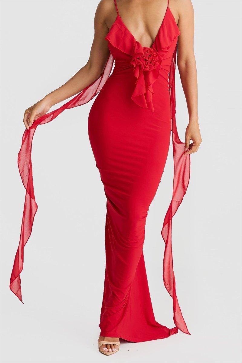 Ruffle Floral Appliqué Maxi Dress | Red | Evening Gala | Polyester - ZyraLux Kleding en accessoires