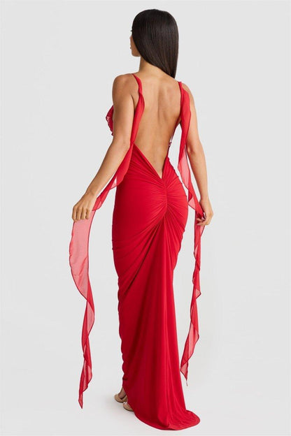 Ruffle Floral Appliqué Maxi Dress | Red | Evening Gala | Polyester - ZyraLux Kleding en accessoires