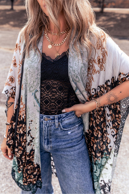 Groene Boho Bloemenprint Onregelmatige Zoom Flowy Kimono