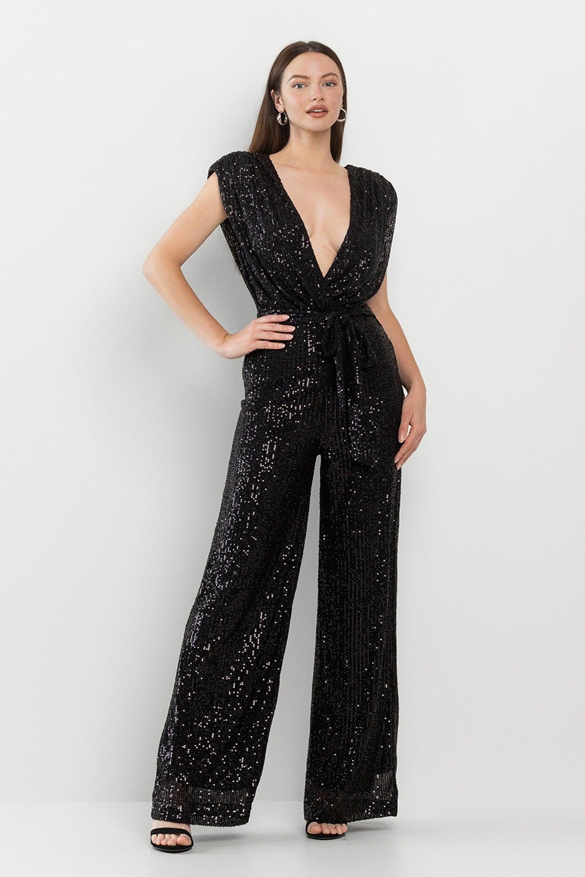 London Chic Emerald Green Deep V Power Shoulder Sequined Jumpsuit - ZyraLux