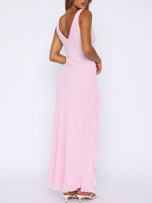 Chiffon Diepe V-halslijn Ruffle Slit Maxi-jurk