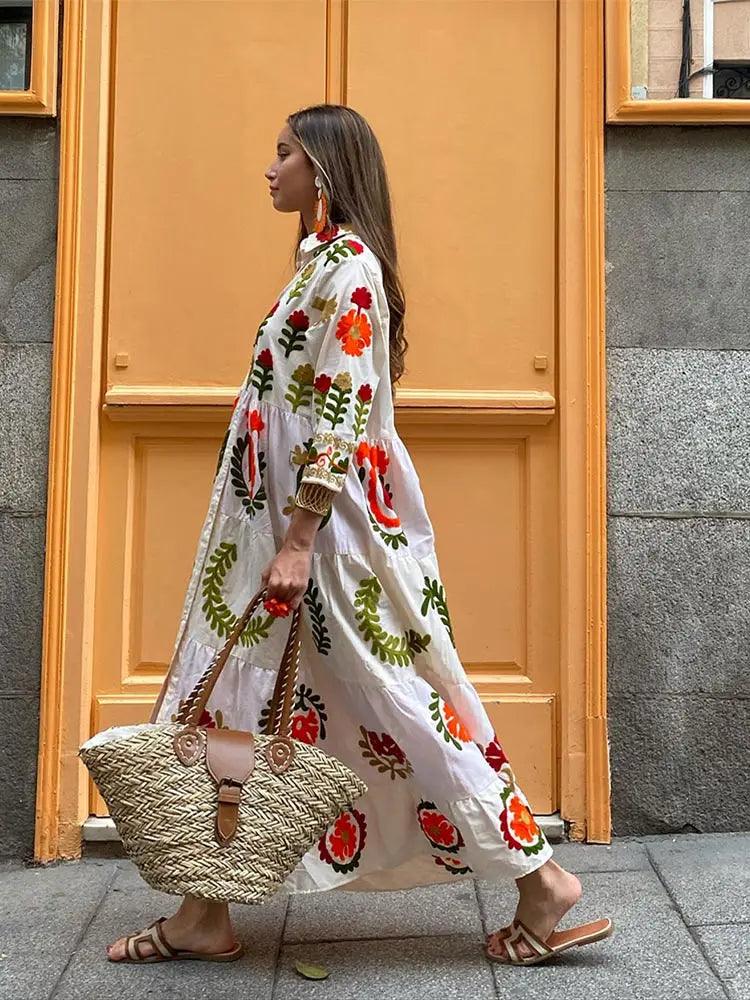 Floral Harmony Maxi Dress | White | Casual | Cotton - ZyraLux Kleding en accessoires