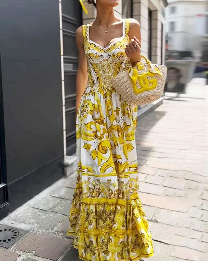 Baroque Print Maxi Dress | Yellow | Summer Elegance | Cotton - ZyraLux Kleding en accessoires