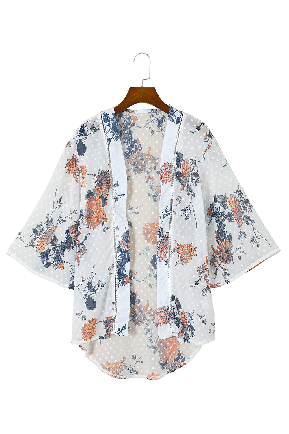 Witte kimono met bloemenprint en open voorkant en klokvormige mouwen