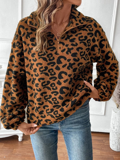 Chic luipaardprint sweatshirt met halve rits en lange mouwen